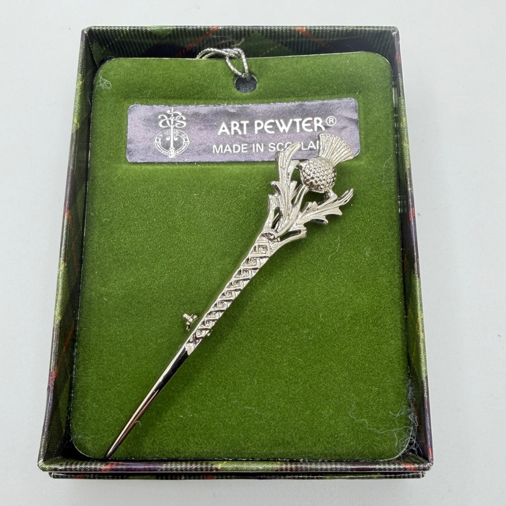 NIB Art Pewter Thistle Sword 2.75" long Kilt Pin Celtic, Made in Scotland!